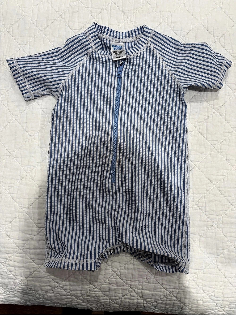 18-24M RuggedButts Short Sleeve One Piece Rash Guard Blue & White